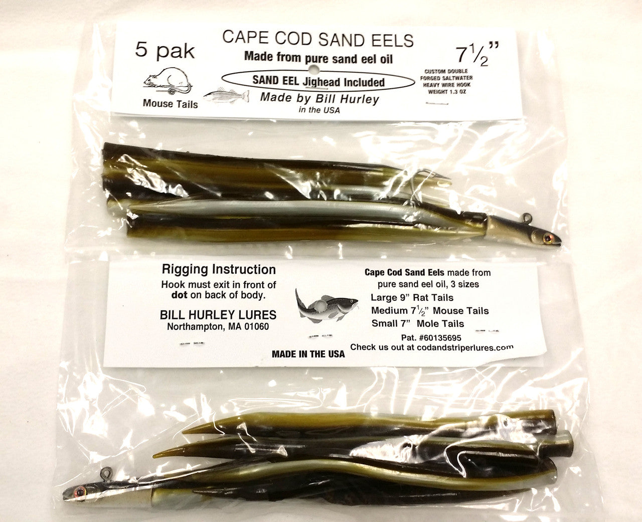 Bill Hurley Cape Cod Sand Eels 7.5" 5PK (1x Sand Eel Lure + 4 x Mouse Tails / Made from Pure Sand Eel Oil)