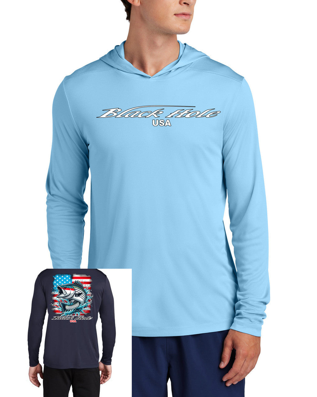 Black Hole Striped Bass USA Long Sleeve Hoodie Posi-UV  Pro (UPF 50)
